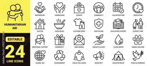 Humanitarian aid and community support icon set with donation, compassion, shelter, food relief, healthcare, advocacy, disaster relief, and essential charity ranking symbols in clean line‑art style
