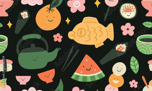 Seamless pattern with Asian Japanese food. Juzu fruit, watermellon, edamame, sushi, nigiri, temaki, taiyaki fish, sticks. Black background. Wrapping paper, background, wallpaper, print.