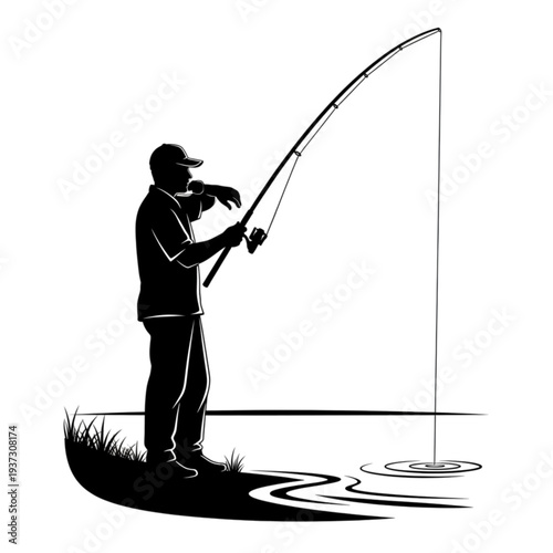 Man fishing with a rod outdoors isolated on transparent background.