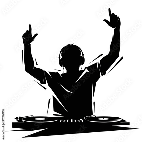 DJ in silhouette with headphones on isolated on transparent background.