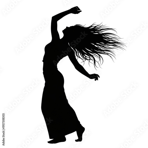 Silhouette of woman dancing energetically alone isolated on transparent background.