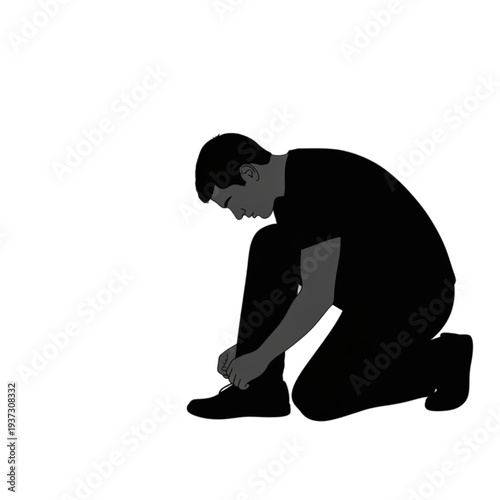 Man kneeling and tying his shoes isolated on transparent background.