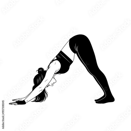 Woman doing downward facing dog yoga isolated on transparent background.