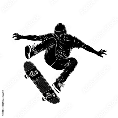 Young man performing skateboard trick aerial isolated on transparent background.