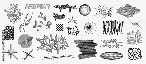 Bitmap graphic pack with monochrome universal geometric shapes, 3D elements, pixel objects with glitch. Retrofuturistic Bitmap elements. Brutalism 8bit, pixel figures, abstract 3D shapes. Vector set