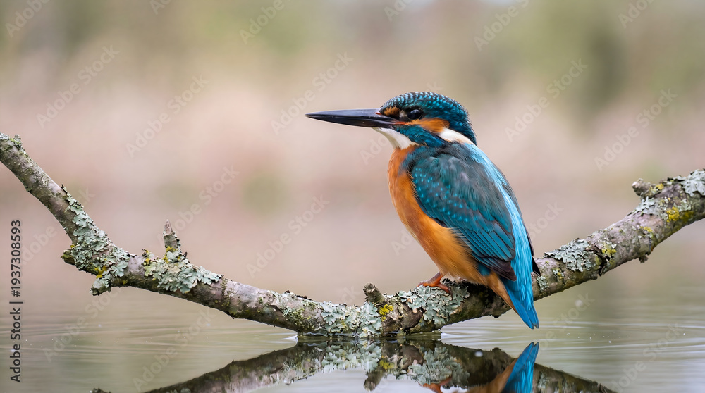 Obraz premium Common Kingfisher perched on a lichen covered branch over water with reflection and soft bokeh background