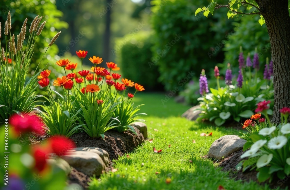 Fototapeta premium Vibrant flower garden pathway featuring red and orange tulips, purple flowers, and lush green grass bordered by stones in a serene outdoor setting
