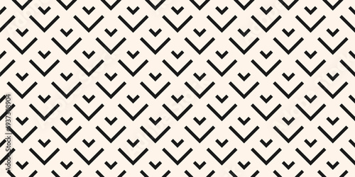 Vector geometric seamless pattern with lines, arrows, stylized fish scale grid. Simple abstract black and white graphic ornament. Modern minimal monochrome background texture. Stylish repeated design