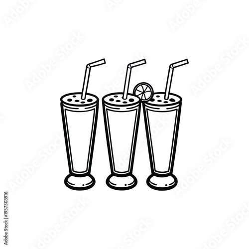 Three glasses of soda with straws and lemon slice on transparent background