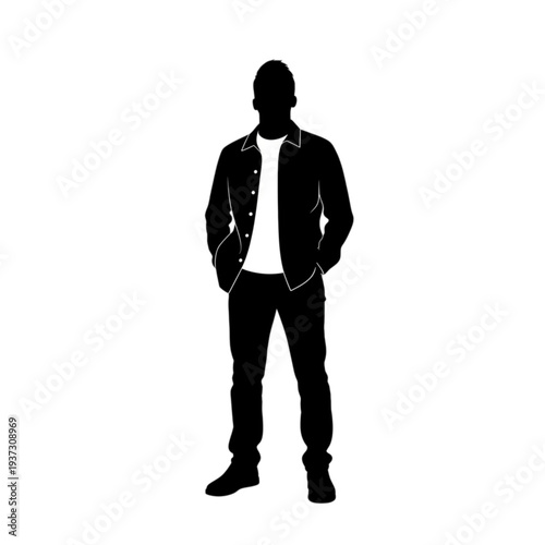 Silhouette of a young man standing isolated on transparent background.