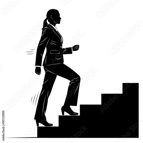 Businesswoman climbing up the career ladder isolated on transparent background.