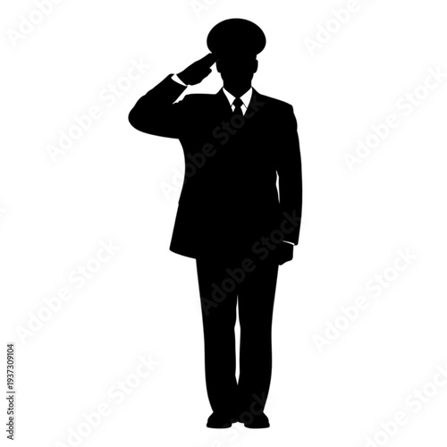 Man in suit salutes formally standing isolated on transparent background.