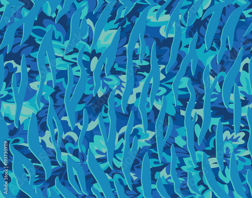 Full Seamless floral zebra stripe pattern. Cool blue, teal, and navy animal print background with layered flowers. Great for swimwear fabric, activewear, wallpaper, and coastal decor.