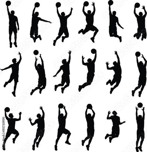Basketball silhouettes illustration, players jumping, dunking, shooting ball, dynamic sports action, athletic movement, competitive game, fitness concept, team sport