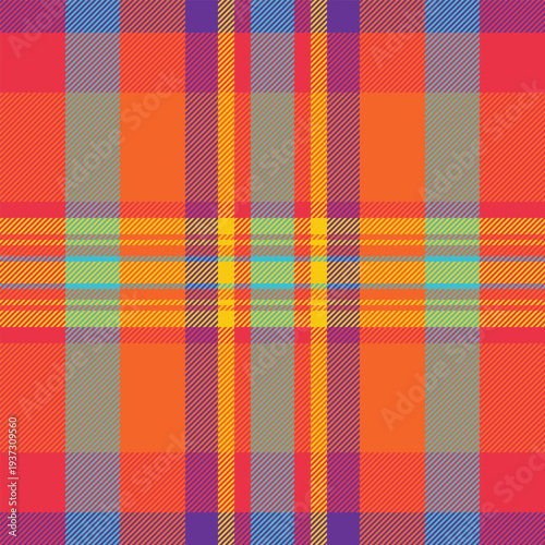 Festive tartan fabric texture, ornate background check seamless. Upscale textile vector plaid pattern in orange and red colors.