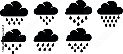 A set of six black cloud rain icons on a white background
