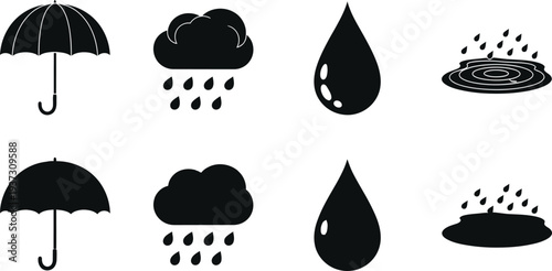 Weather icons depicting rainy conditions with umbrellas and raindrops