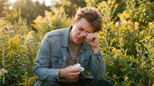 Young man suffering from seasonal allergies, rubbing his itchy and watery eyes while holding a tissue outdoors near yellow wildflowers.