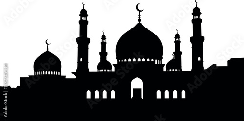 Silhouette of a mosque with domes and minarets against a white background