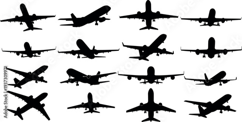 Collection of airplane silhouettes in various orientations and positions