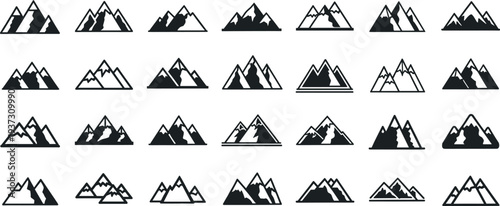 Mountain range icon collection, black mountain peaks silhouette, nature hill landscape, outdoor climbing adventure graphic, rock summit vector, trekking travel symbols.