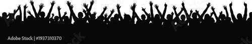 Black silhouette of a large crowd of people with hands raised cheering at a music concert party event.