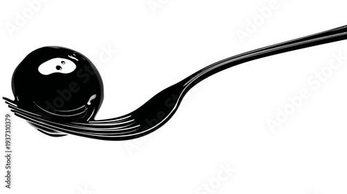 A shiny black sphere with two small eyes rests in the tines of a black fork