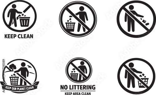 Keep clean icon set with do not litter symbols for public area hygiene, waste disposal sign design.