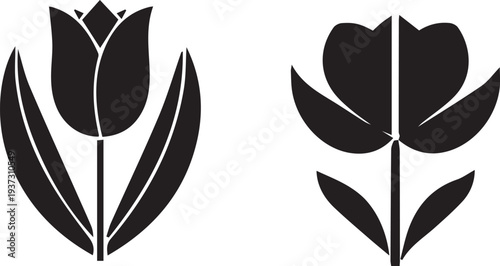 Black silhouette tulip flowers with leaves