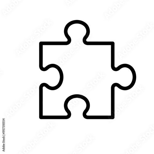 Clean black outline icon of a single, classic jigsaw puzzle piece on a pristine white background, symbolizing connection, problem-solving, integration, and the quest for completion, ideal for digital