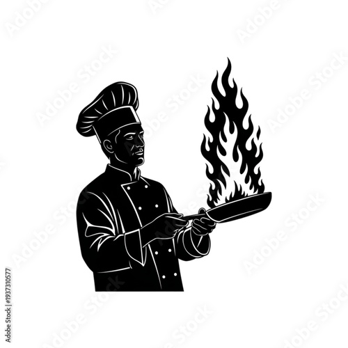 Chef holding flaming kitchen pan isolated on transparent background.