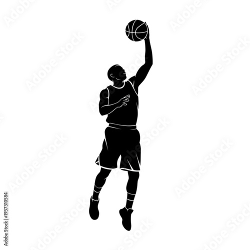 Man playing basketball in mid air isolated on transparent background.