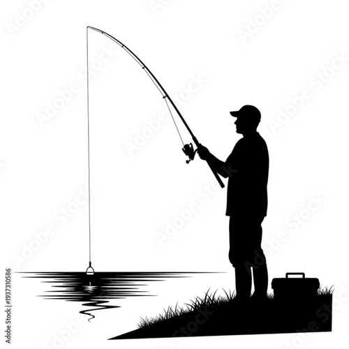 Man fishing with a fishing rod isolated on transparent background.