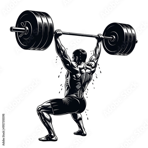 Man lifting heavy weights overhead strong isolated on transparent background.