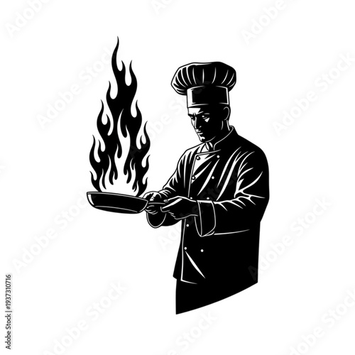 Chef holding flaming cooking pan isolated on transparent background.