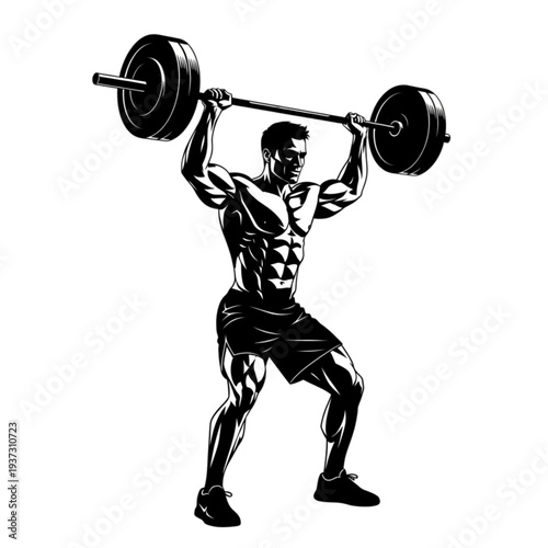 Muscular man lifting heavy barbell weights isolated on transparent background.