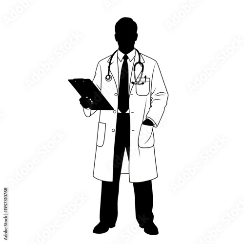Doctor in lab coat with clipboard isolated on transparent background.