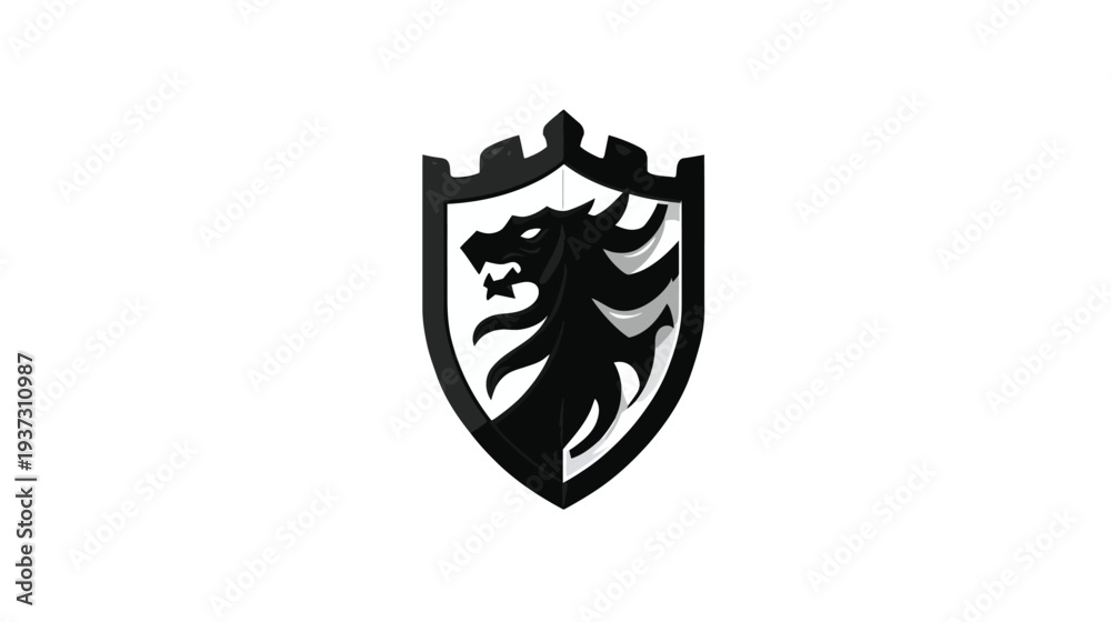 Fototapeta premium A black and white shield design featuring a dragon's head and stylized mane. The shield is a crest shape