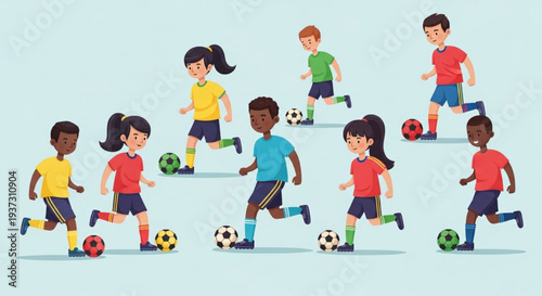 Fun illustration of diverse kids running and kicking soccer balls in dynamic play on light blue backdrop