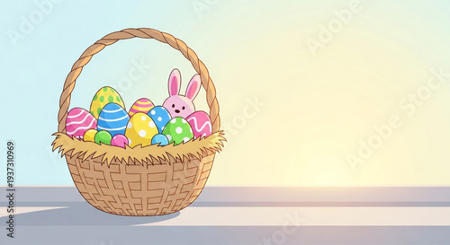 Festive vector illustration of a wicker basket overflowing with vibrant Easter eggs and a pink bunny on sunrise