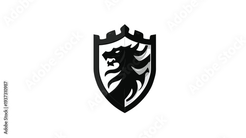 A black and white shield design featuring a dragon's head and stylized mane. The shield is a crest shape
