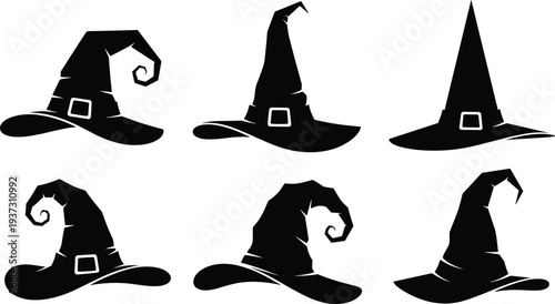 Black witch hat silhouette set, Halloween costume accessory vector collection, isolated on white background, spooky magic wizard cap