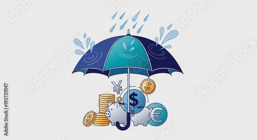 Creative vector illustration of a vibrant umbrella deflecting a shower of coins and currency notes representing wealth