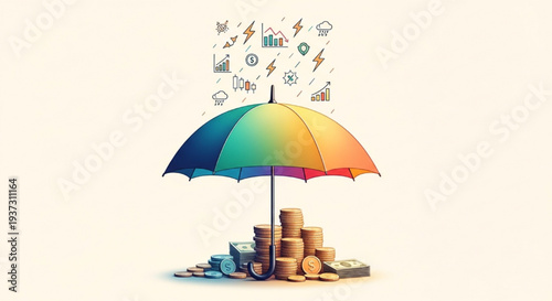 Business illustration of a colorful umbrella protecting financial graphs and coin stacks from raining icons