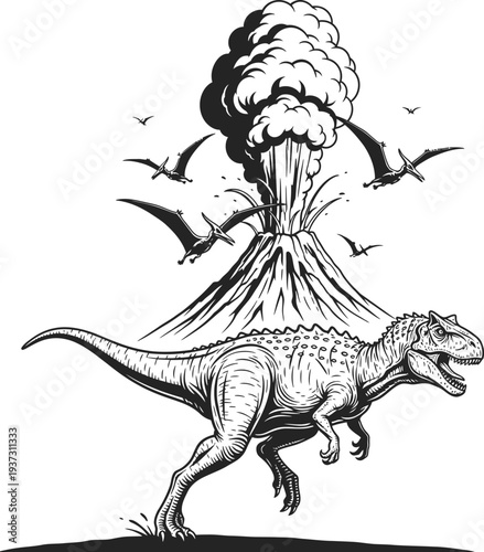 Dinosaur escaping volcanic eruption in prehistoric landscape