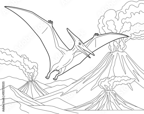 Pterosaur flying over volcanic landscape with erupting mountain