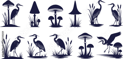 Heron silhouette set with mushroom and cattail plants collection cad drawing flat vector illustration for marsh nature and pond wildlife.