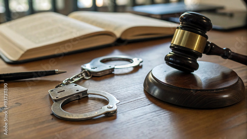 A legal gavel, open law book, and handcuffs rest on a wooden desk, symbolizing the intersection of judicial authority, criminal justice legislation, and the enforcement of law within the court.