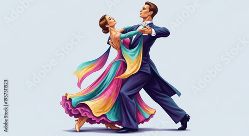 Romantic vector illustration of a pair dancing elegantly in multicolored outfits with a flowing scarf in motion