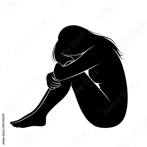 Woman sitting alone in sorrow isolated on transparent background.